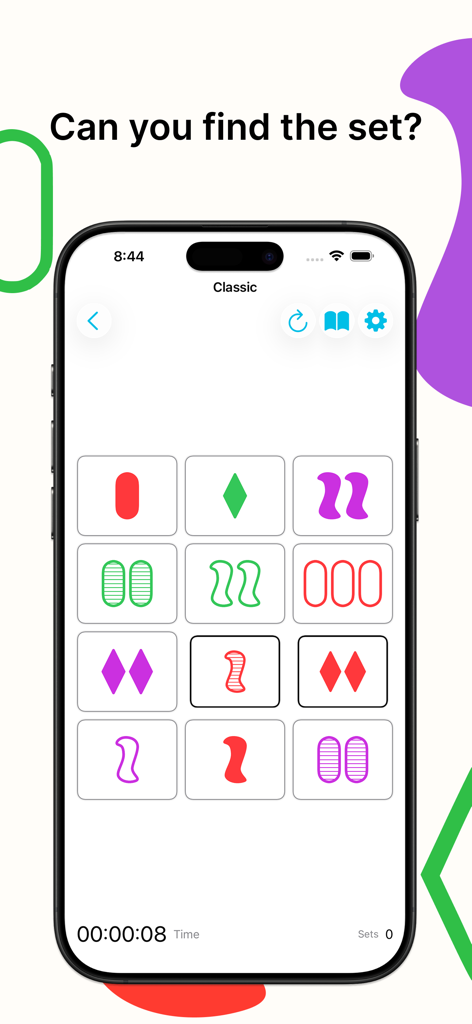 Set Game – Classic Card Puzzle - A mobile phone displaying a grid of cards in the Set Game classic card puzzle