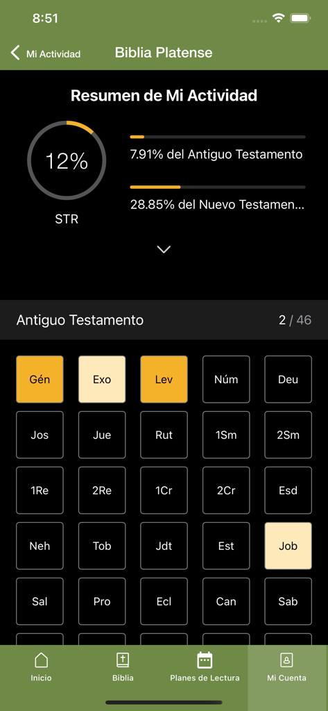 Biblia Católica - Pantalla de resumen de actividad y progreso de lectura en la aplicación Biblia Católica que muestra los porcentajes de finalización del Antiguo y Nuevo Testamento.
