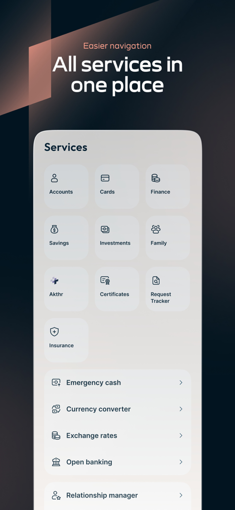 Alinma App interface displaying a comprehensive menu of banking services including accounts cards and a currency converter
