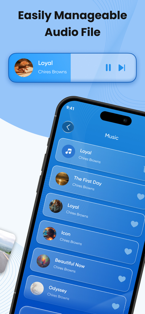 Smart View : Screen Cast - Interface do aplicativo Smart View mostrando uma lista de arquivos de áudio gerenciáveis e um reprodutor de música para transmissão para TV