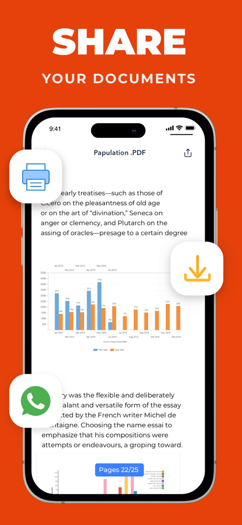 Mobile app interface showing a PDF document with icons to print, download, and share via WhatsApp.