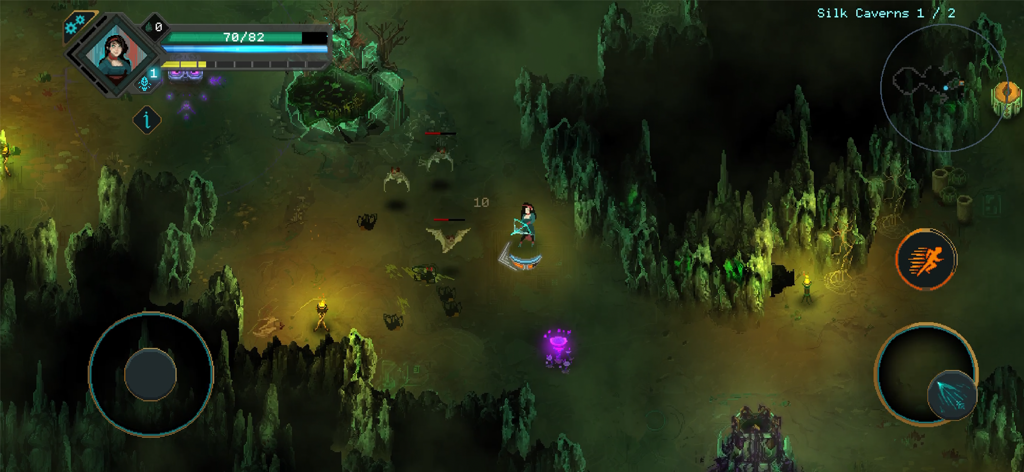 Children of Morta - Gameplay de Linda Bergson combattant des chauves-souris dans les Cavernes de Soie dans Children of Morta