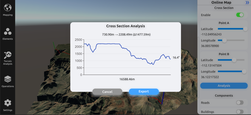 3D Mappa - GIS & Topo Analysis - Interfaccia di 3D Mappa che mostra un grafico di analisi della sezione trasversale con profilo di elevazione su un modello di terreno 3D