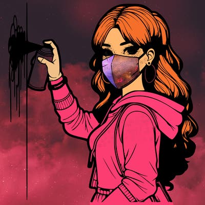 realistic girl with mask spray painting a wall