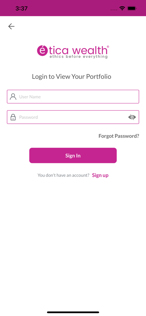 Pantalla de inicio de sesión de la aplicación móvil Etica Wealth para gestionar carteras financieras