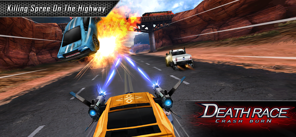 Death Race : Crash Burn - Orange combat car firing lasers at an exploding vehicle on a desert highway