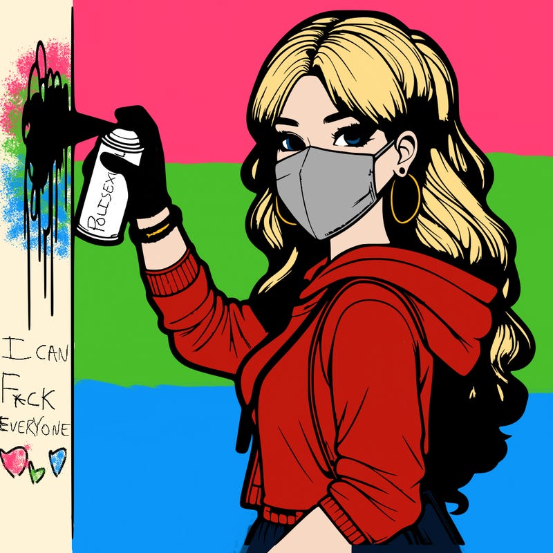 realistic girl with mask spray painting a wall