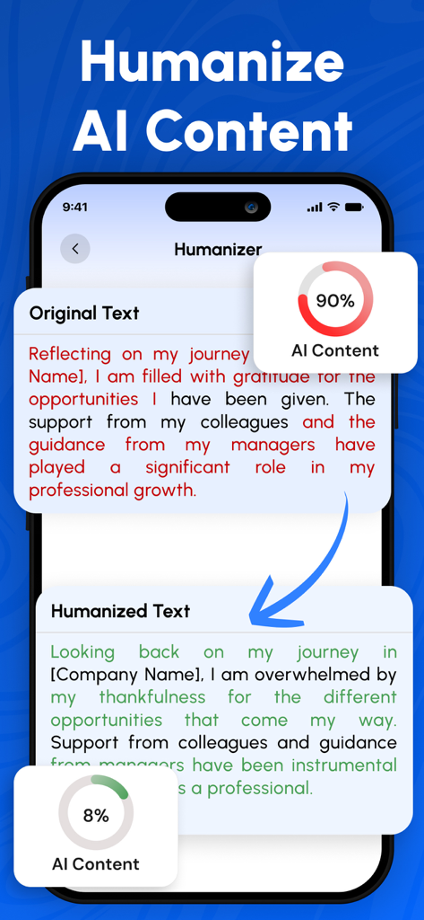 AI Detector, Humanize AI Text - Tela de smartphone mostrando texto original de IA com 90% de detecção sendo convertido em texto humanizado com apenas 8% de detecção.