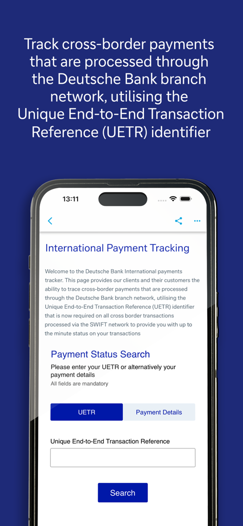 International payment tracking page in the Deutsche Bank flow mobile app