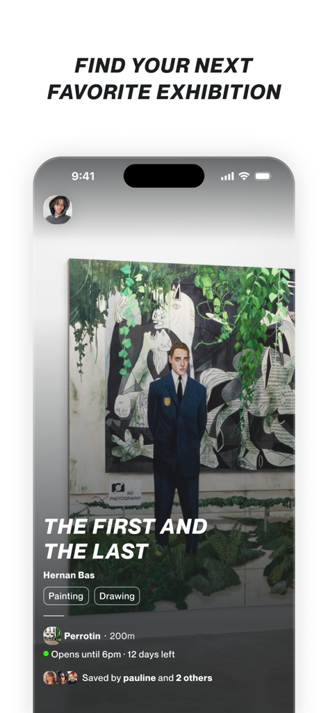 CUR8 — Art shows around you - CUR8 mobile app interface displaying a full-screen art exhibition listing with artist and gallery details