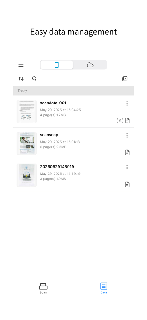 Interface do aplicativo móvel ScanSnap Home mostrando uma lista de documentos digitalizados organizados