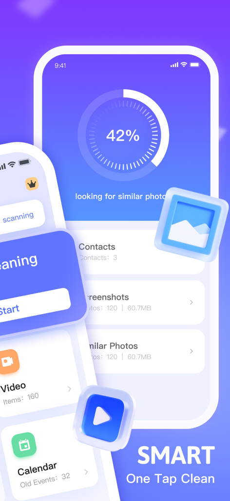 Boost Cleaner - Boost Cleaner app interface showing smart one tap cleaning for photos and videos