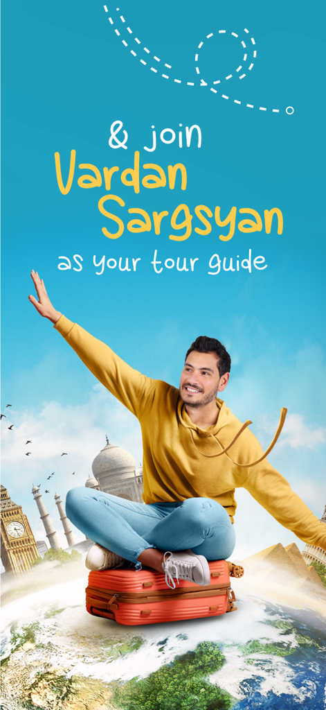 Vardan Travel - Vardan Sargsyan sitting on a suitcase above a globe with famous world landmarks and text inviting users to join him as a tour guide.