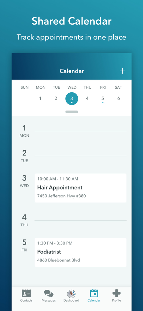 Interfaz de calendario compartido en la aplicación Cuidado Conectado que muestra citas médicas y personales para cuidadores.