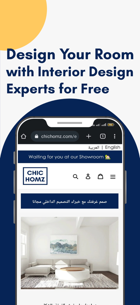 CHIC HOMZ - CHIC HOMZ mobile app interface promoting free interior design services with experts for home decoration.