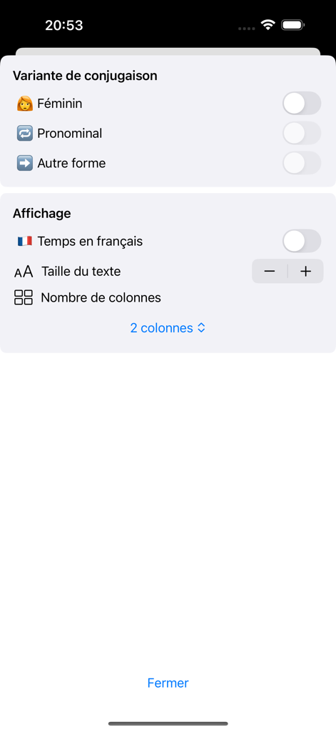 Settings menu of the Il Coniugatore app showing conjugation and display preferences