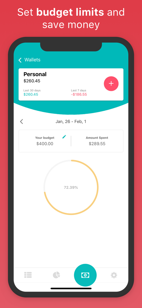 Mobile app interface of Bookipi Budget App showing personal wallet balance and budget limit progress
