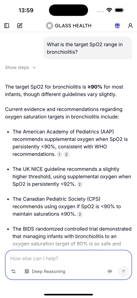 Glass Health app interface providing evidence-based answers for a clinical question about SpO2 levels in bronchiolitis.