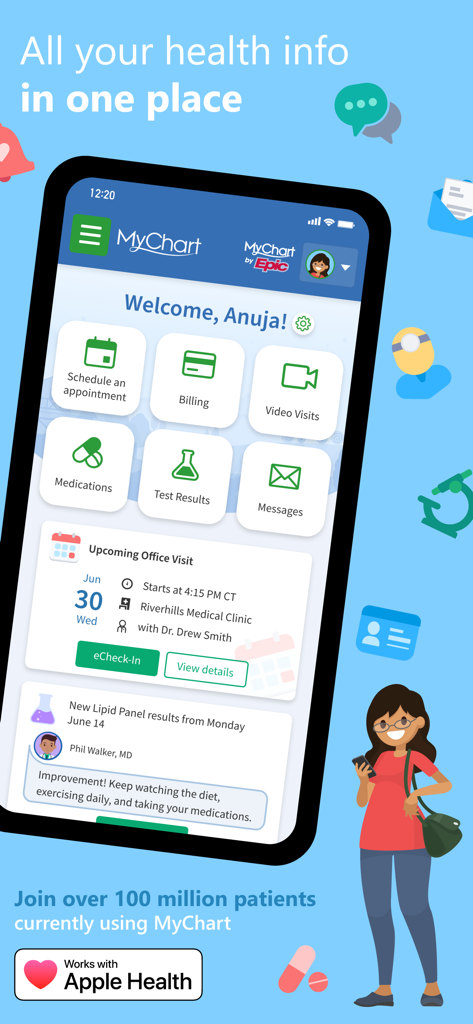 MyChart mobile App Dashboard zeigt Funktionen zur Verwaltung von Gesundheitsinformationen wie Terminen, Rechnungen und Testergebnissen