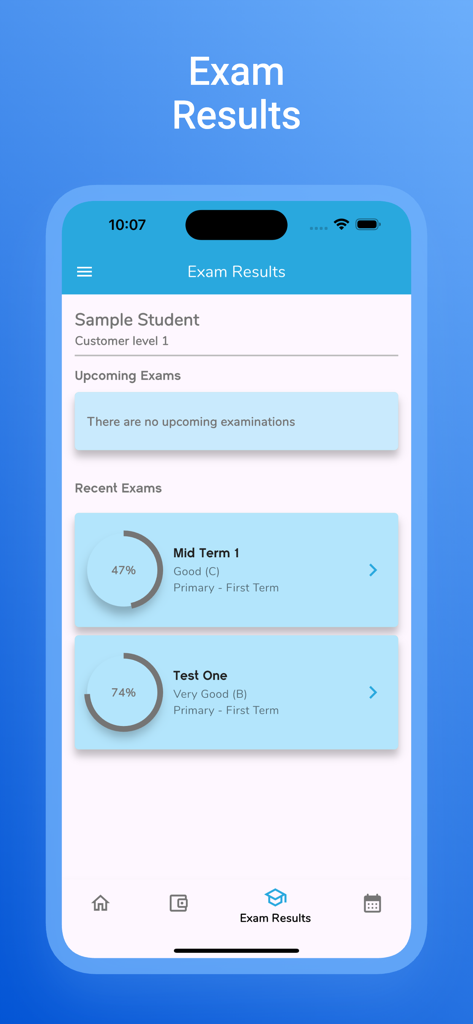 Baobab Schools - Un écran mobile de l'application Baobab Schools affichant les résultats des examens récents et les notes d'un élève.