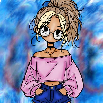 girl with a messy ponytail glasses a baggy crop top and jean shorts