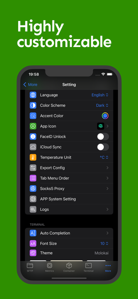 NeoServer: SSH Client|Terminal - NeoServer settings screen showing customization options for terminal themes, icloud sync, and faceid security