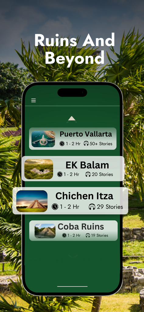 Mobile app screen showing audio tour options for Chichen Itza Coba Ruins and other Mexican destinations