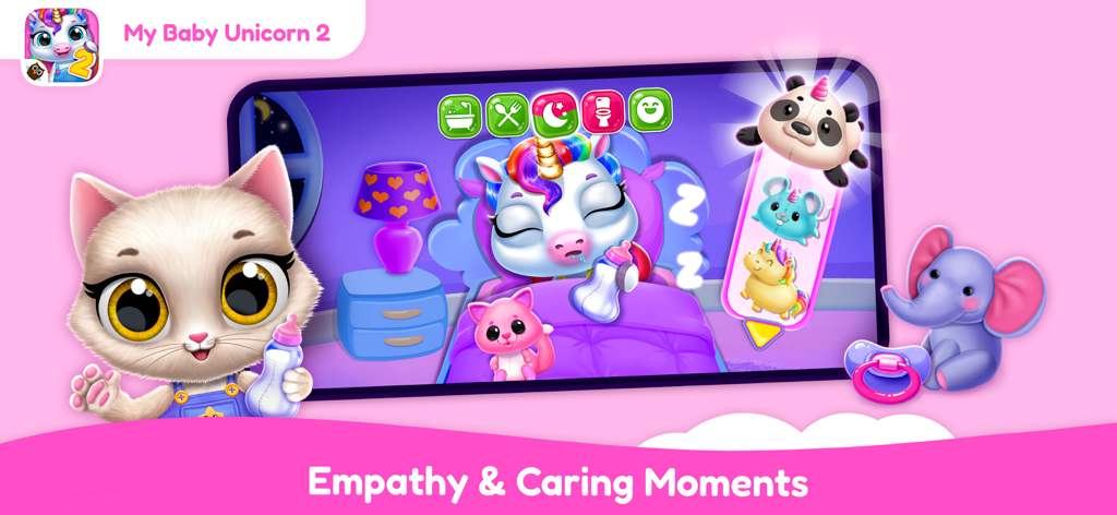 Little Minds: Game Bundle - Captura de pantalla del juego My Baby Unicorn 2 mostrando un unicornio durmiendo y un cuidador de gatos bajo el título Momentos de Empatía y Cuidado.