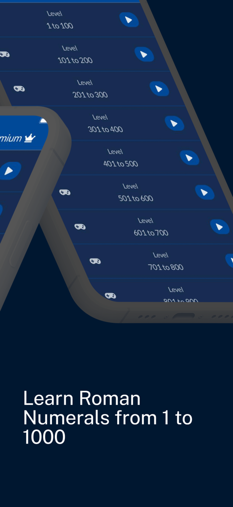 Roman Numerals Quiz: 1 to 1000 - Una pantalla de aplicación móvil que muestra selecciones de nivel para aprender números romanos del 1 al 1000.