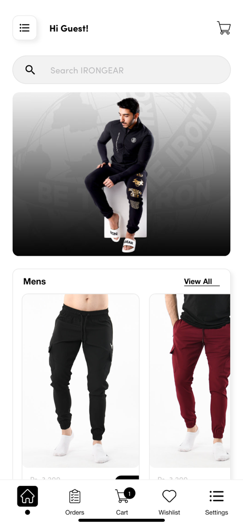IRONGEAR - Home screen of the IRONGEAR app showing men's gym clothing and joggers