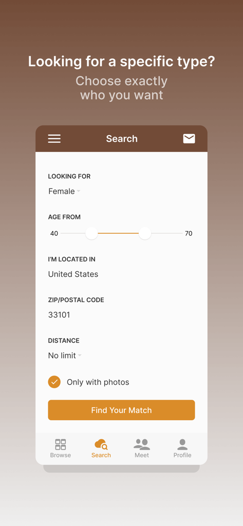 Cowboy Dating Service App - Search filters on the Cowboy Dating Service app showing options for gender age range and location