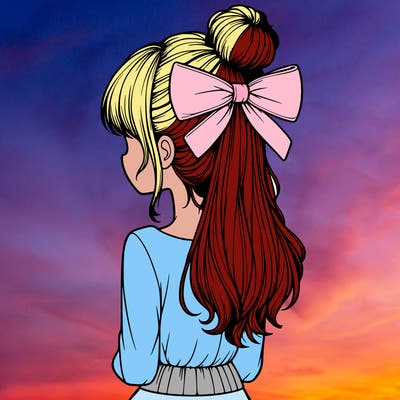 realistic girl  with hip length hair a bun and a big bow on the back of head