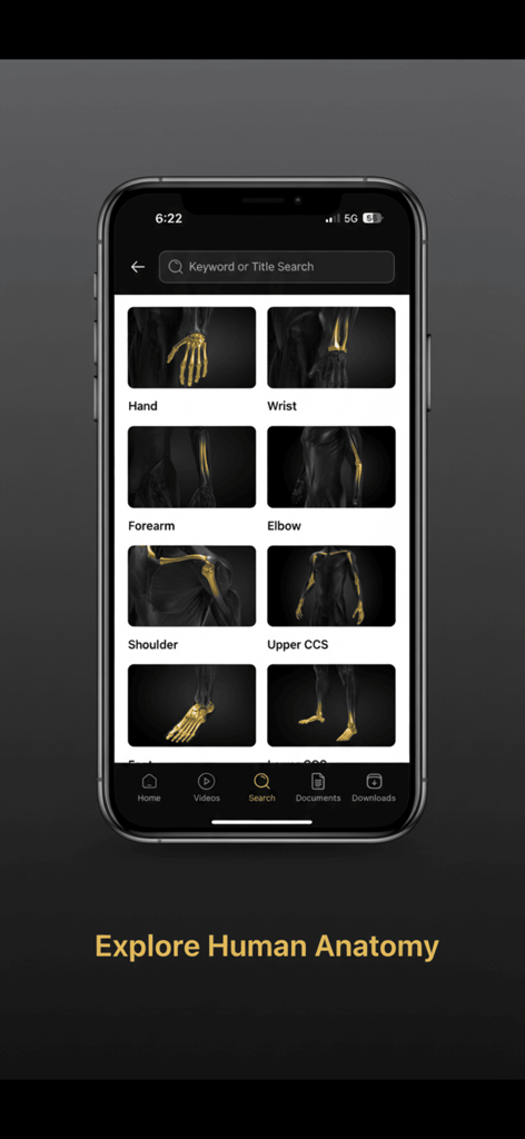 Medartis ONE App-Oberfläche mit einem Suchbildschirm für menschliche Anatomie mit Kategorien wie Hand, Handgelenk, Unterarm und Schulter.