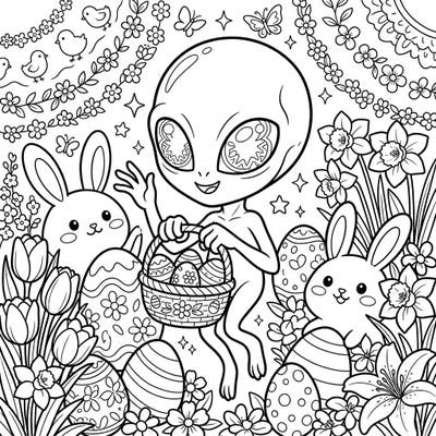 Celebrate Easter with an unexpected guest! This delightful coloring page features the intriguing Dover Demon enjoying the festivities with adorable bunnies, decorated eggs, and vibrant spring blossoms.