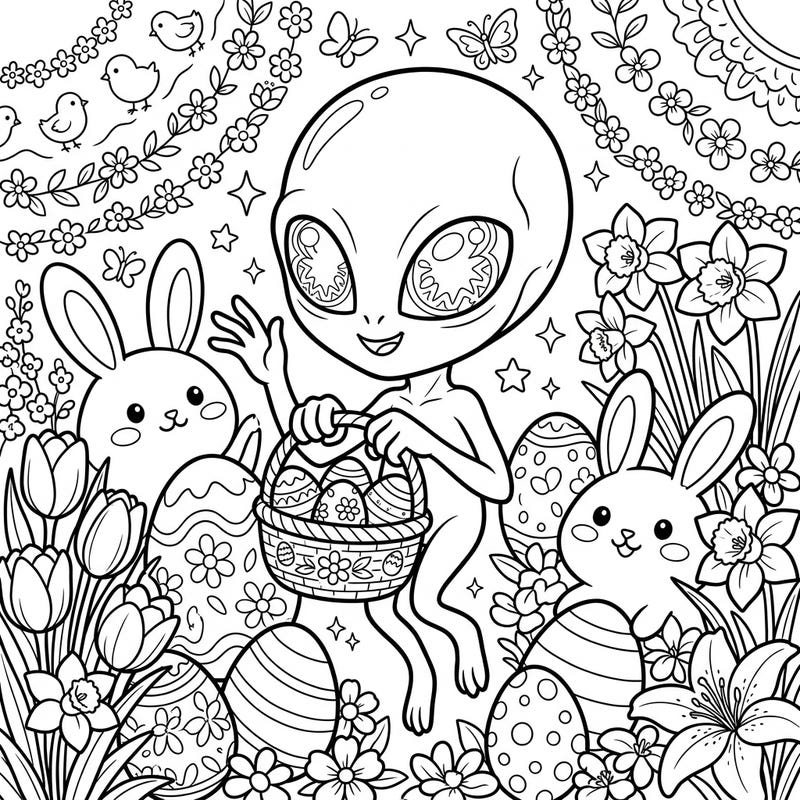 Celebrate Easter with an unexpected guest! This delightful coloring page features the intriguing Dover Demon enjoying the festivities with adorable bunnies, decorated eggs, and vibrant spring blossoms.