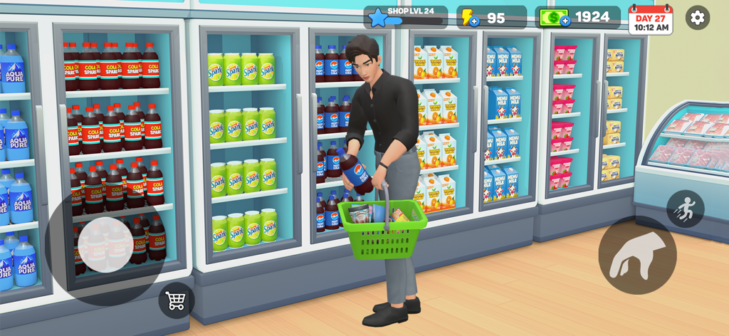 Un personaje en My Supermarket Simulator 3D reponiendo un refrigerador con botellas de refrescos y jugos