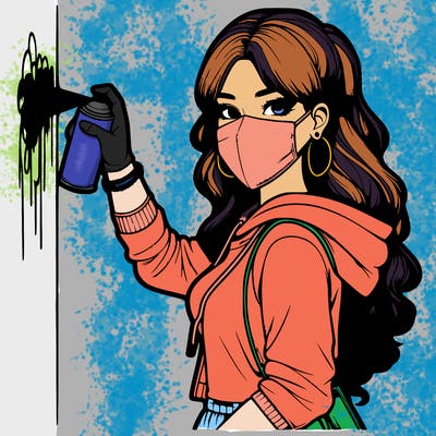 realistic girl with mask spray painting a wall