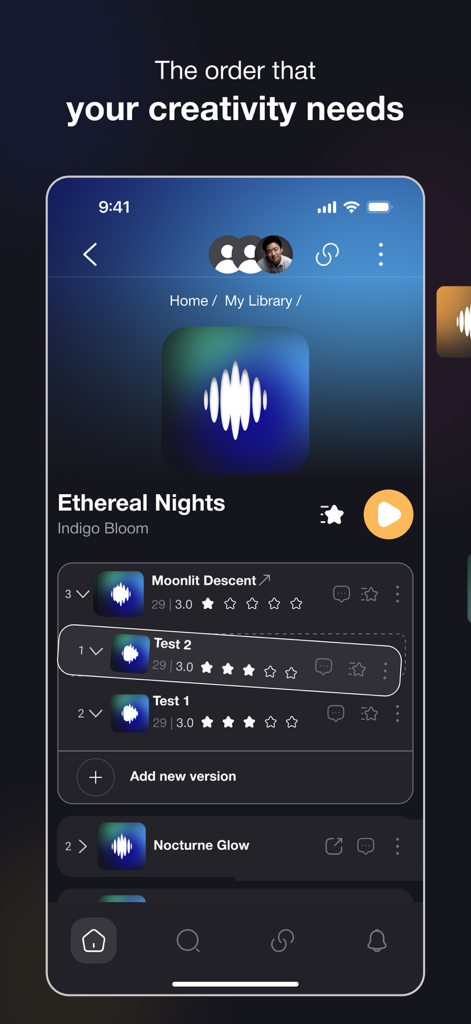 Musive: For Music Artists - Mobile app interface for Musive showing music library and version control for audio tracks.