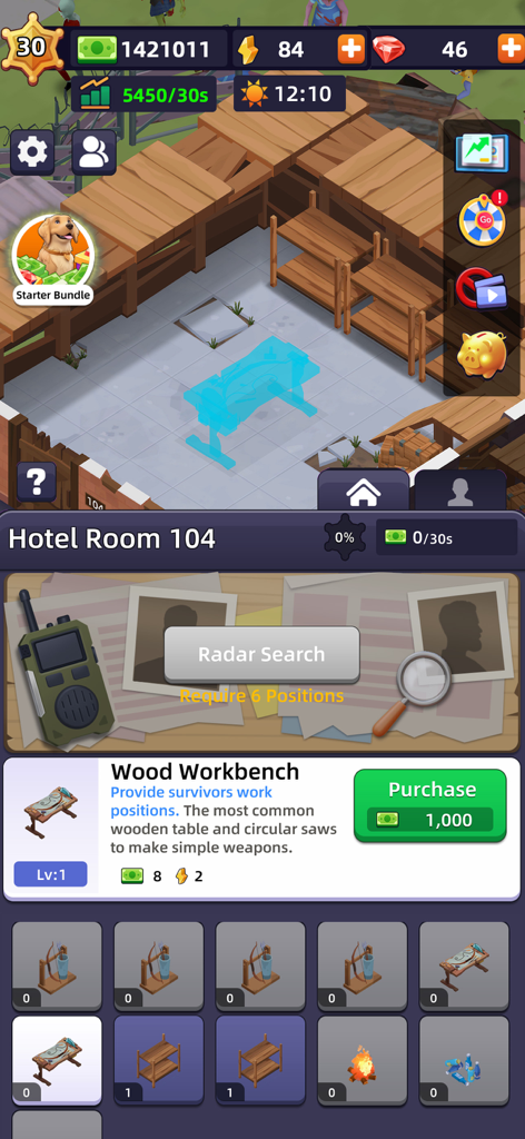 Idle Survivor Fortress Tycoon - A screenshot of the building interface in Idle Survivor Fortress Tycoon showing the Wood Workbench facility for purchase
