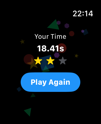 Shape Match - Watch Mini Games - Pantalla de resultados del juego Shape Match en Apple Watch que muestra un tiempo de 18,41 segundos y un botón azul de Jugar de nuevo.
