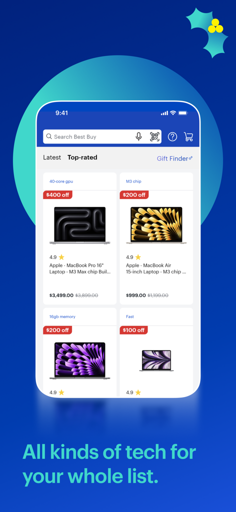 Best Buy app interface displaying top rated MacBook deals and tech savings