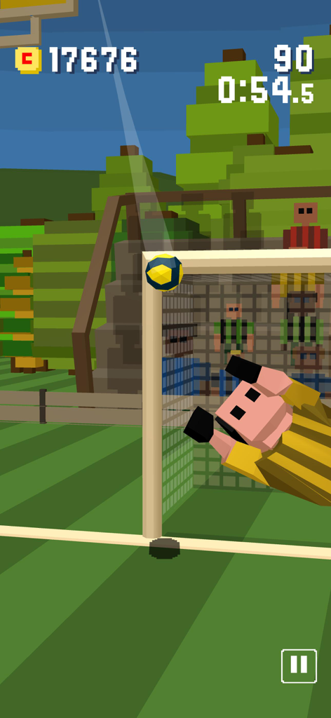 Boot That Ball - 다이빙하는 골키퍼와 골대를 향해 날아가는 축구공을 보여주는 복셀 축구 게임 플레이