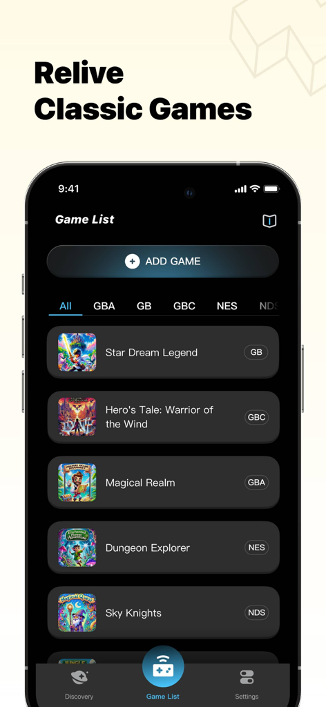 Game Emulator RetroHub interface showing a list of retro games for multiple consoles
