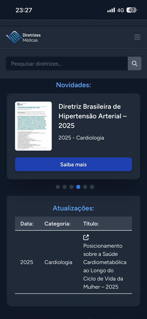 Diretrizes da Cardiologia - Main interface of the Diretrizes da Cardiologia app showing medical updates and guidelines