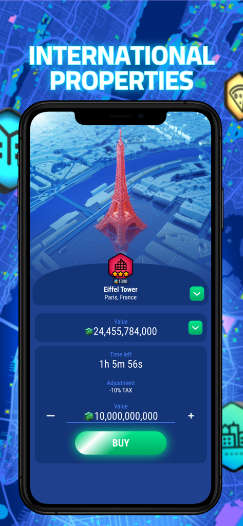 Get Rent: Trade Real Estate - Interfaz del juego móvil mostrando el monumento de la Torre Eiffel en venta en Get Rent Trade Real Estate