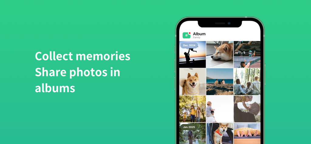 Pantalla de la app TimeTree que muestra un álbum de fotos familiar compartido con varios recuerdos y fotos