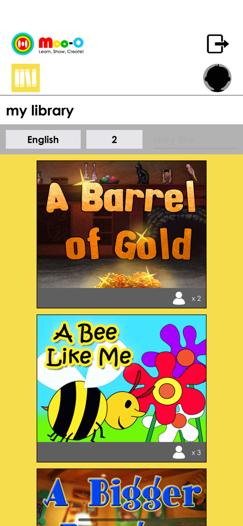 Moo-O - Digital library in the Moo-O app featuring children's stories like A Barrel of Gold and A Bee Like Me