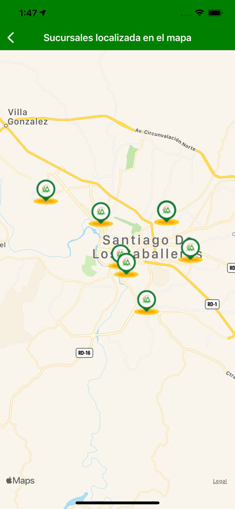 Map displaying Cooperativa La Altagracia branch locations in Santiago de los Caballeros