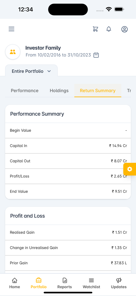 GEOJIT PRIVATE WEALTH - A mobile dashboard showing the portfolio return summary including performance metrics and profit and loss for an investor