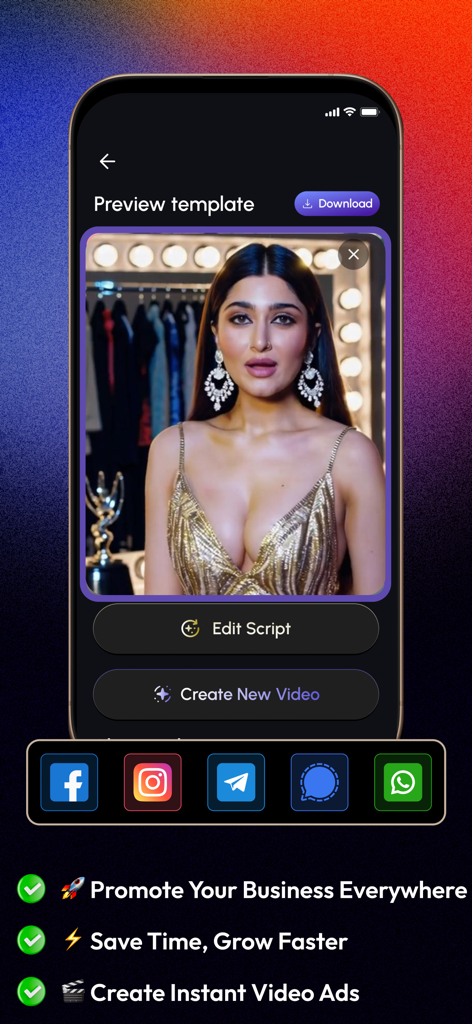 FlyAds app interface displaying a preview of an AI actor video with social media sharing icons.